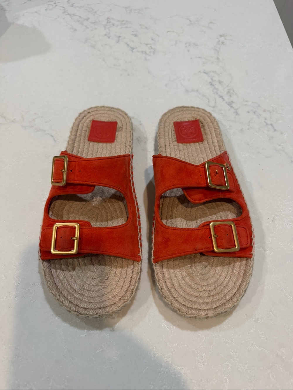Tory Burch Selby Espadrille Women's Coral Suede Double-Buckle Slide Sandals